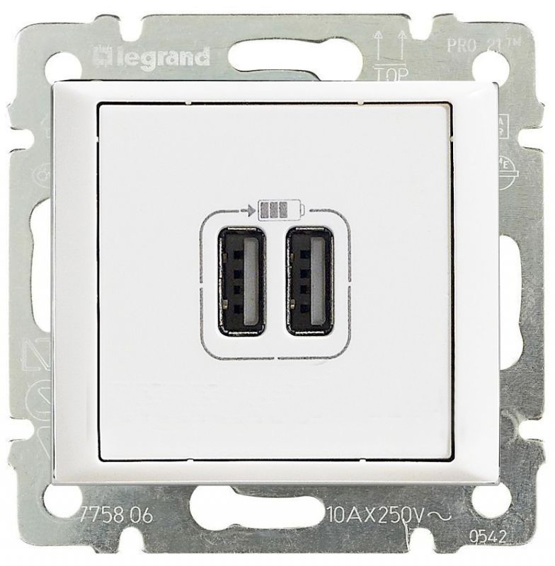 Розетка USB для зарядки двойная, белый, арт. 770470 Legrand