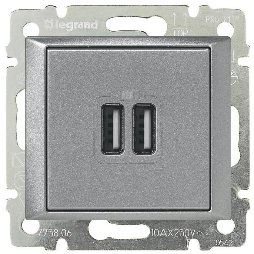 Розетка USB для зарядки двойная, алюминий, арт. 770270 Legrand